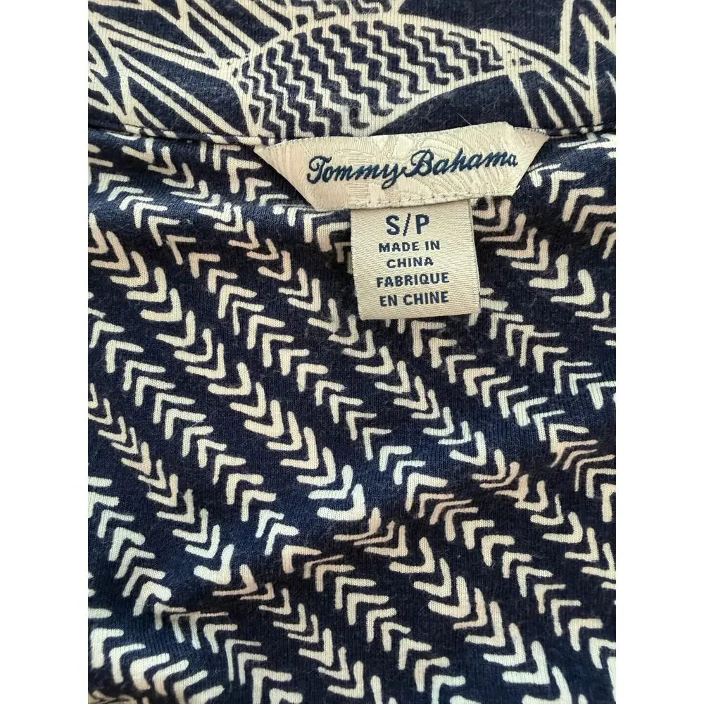 TOMMY BAHAMA Navy White Chevron Leaf Maxi Dress S Tulip High Low Hem Shell EUC - Picture 5 of 6